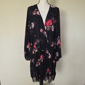 Elegant INC Intimates Women's XXL Floral Wrap Lace Trim Robe Black